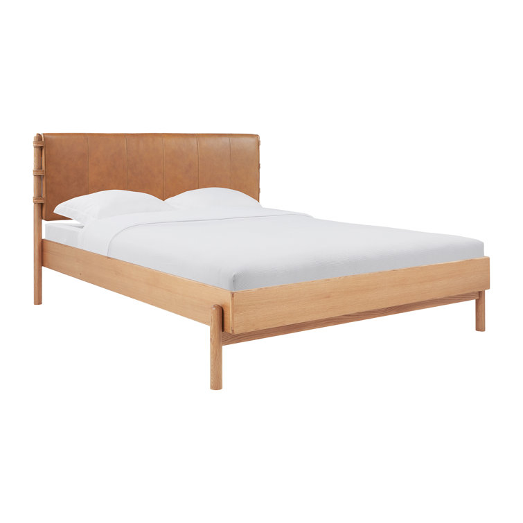 Queen Oak and Leather Upholstered Bed with Slats