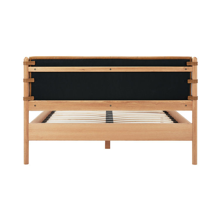 Queen Oak and Leather Upholstered Bed with Slats