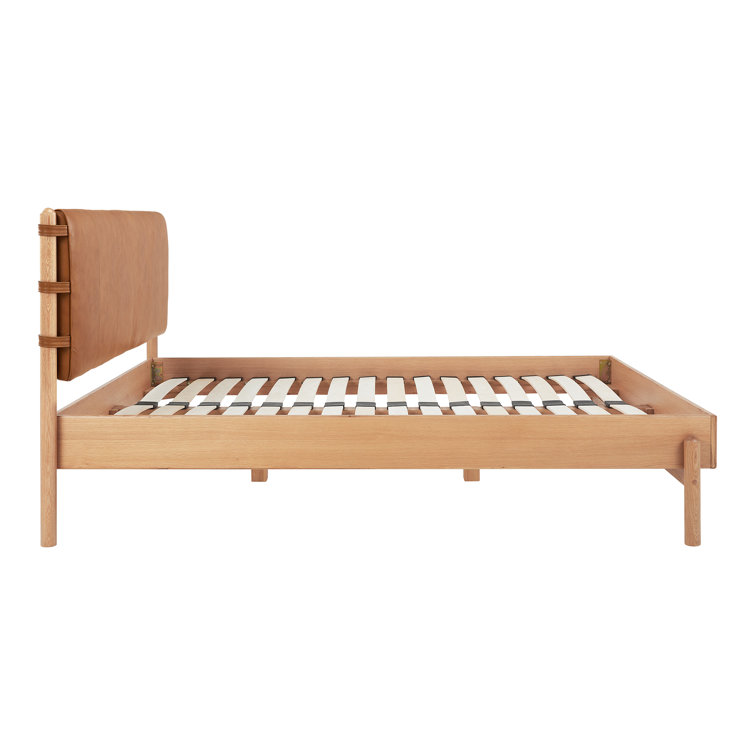 Queen Oak and Leather Upholstered Bed with Slats