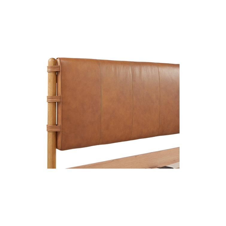 Queen Oak and Leather Upholstered Bed with Slats