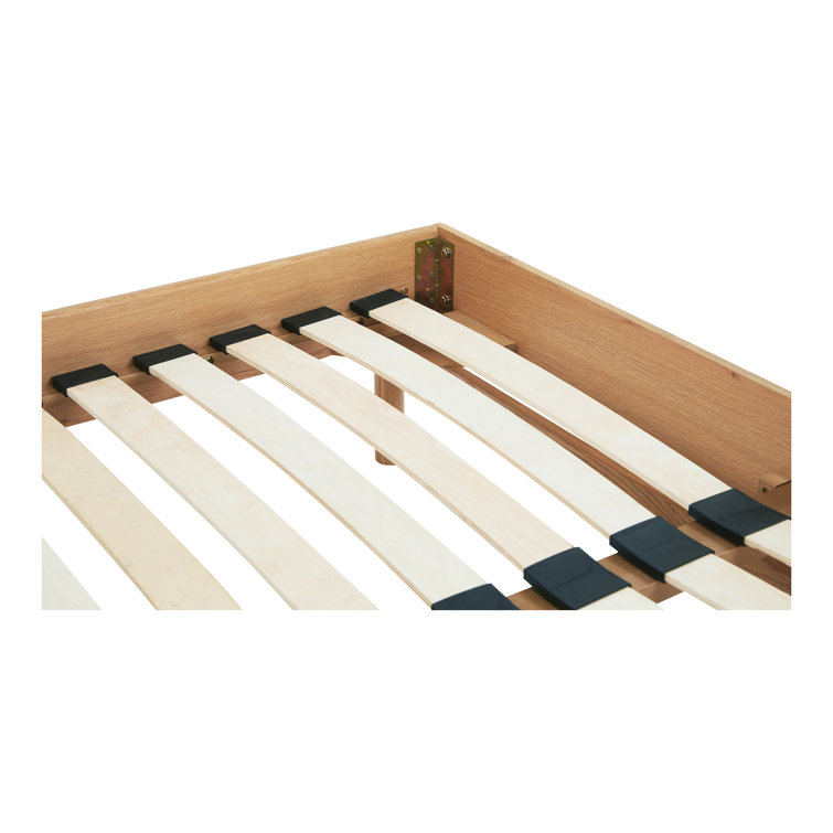 Queen Oak and Leather Upholstered Bed with Slats