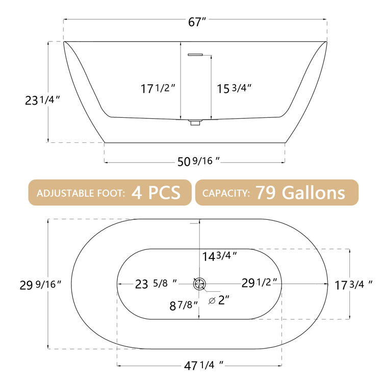 Gloss White 59'' Freestanding Acrylic Soaking Bathtub
