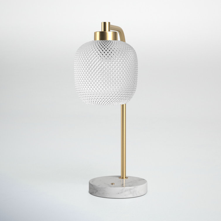 White Marble and Brass Touch Table Lamp with Textured Glass Shade