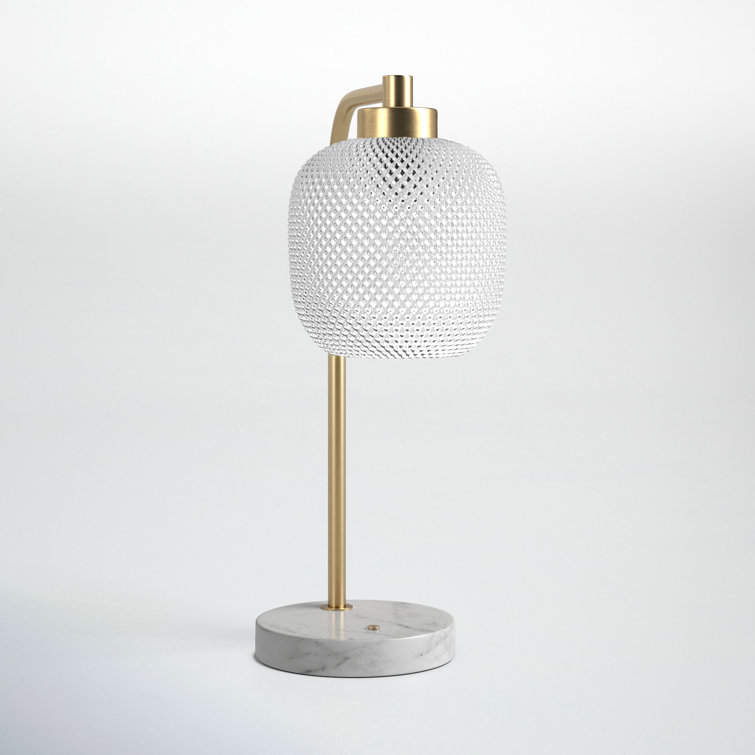 White Marble and Brass Touch Table Lamp with Textured Glass Shade