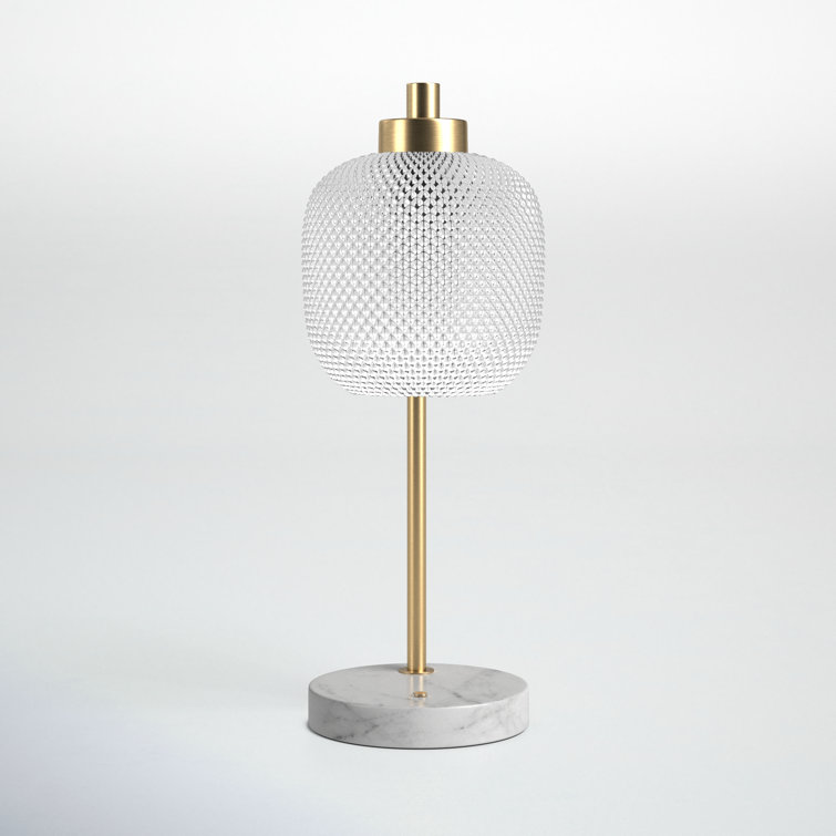 White Marble and Brass Touch Table Lamp with Textured Glass Shade