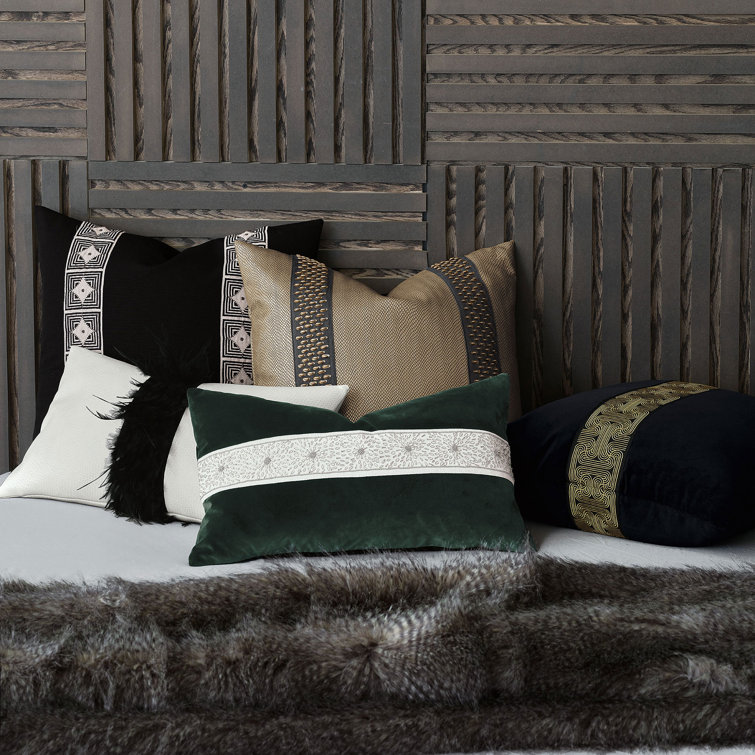 Rectangular Off-White Faux Leather Throw Pillow with Black Feather Trim