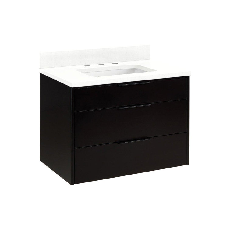 30" Black Wall-Mount Vanity with Feathered White Quartz Top
