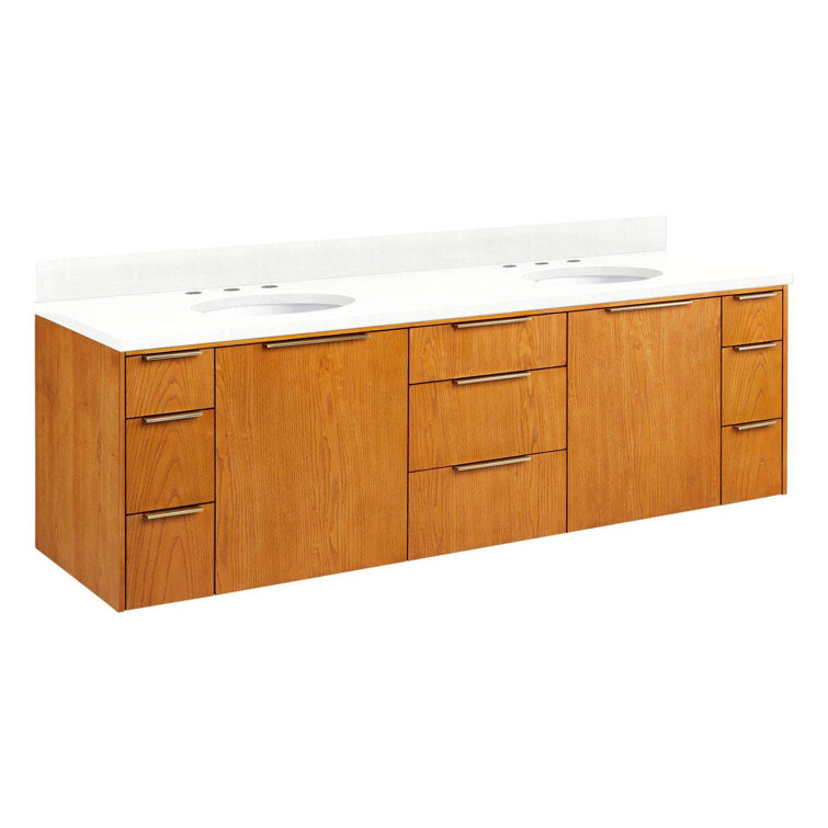 72" Medium Wood Wall-Mount Double Vanity with White Ceramic Sinks