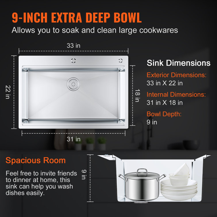 33'' Stainless Steel Single Bowl Top Mount Kitchen Sink