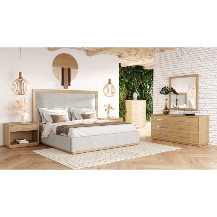 King Gray Upholstered Wood Frame Bed with Slats