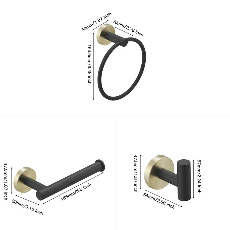 Brushed Gold and Black Metal 4-Piece Bathroom Hardware Set