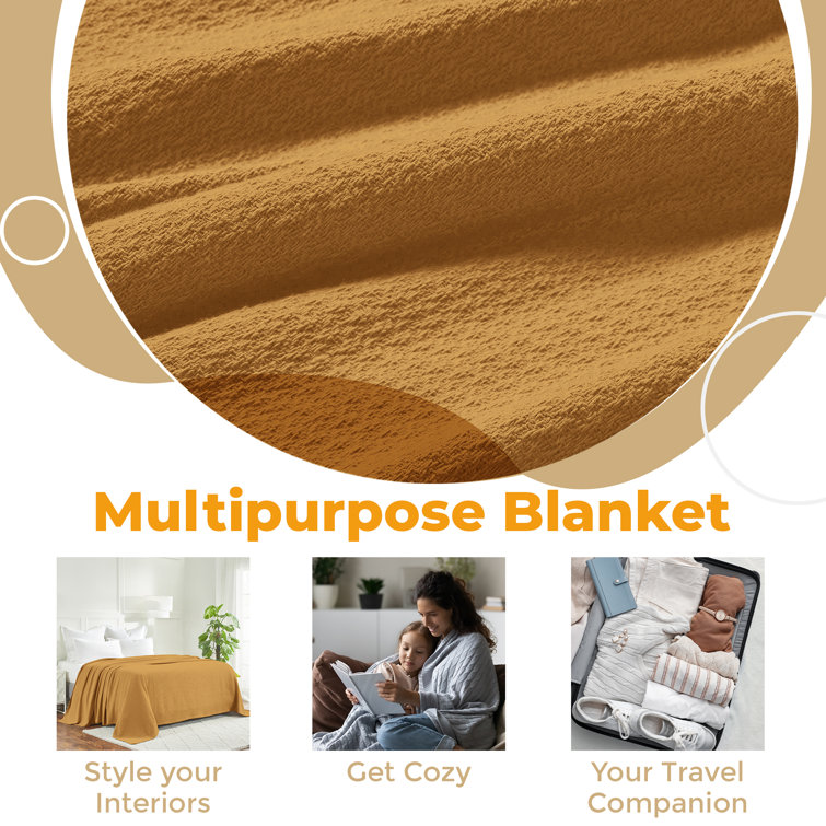 Mustard Full/Queen Cotton Waffle Weave Knit Blanket