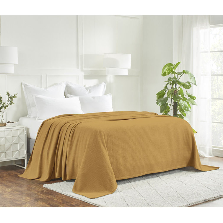 Mustard Full/Queen Cotton Waffle Weave Knit Blanket