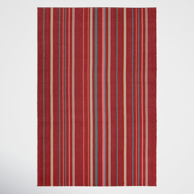 Handwoven Red and Blue Striped Synthetic Flatweave Rug