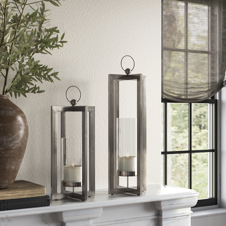 Brushed Nickel Metal Tabletop Hurricane Candle Holder Set