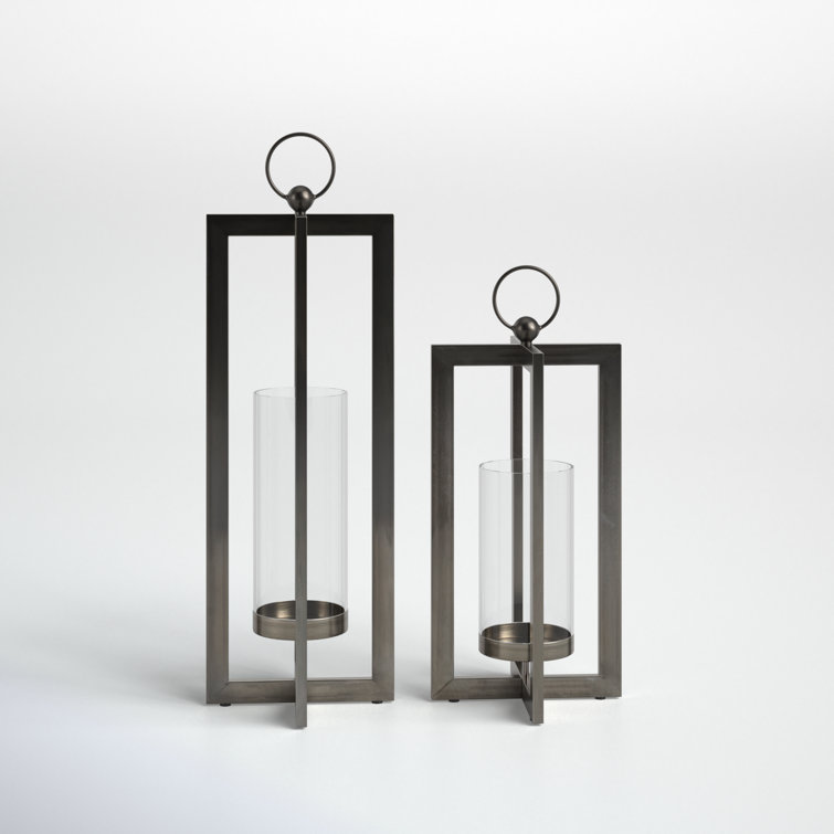 Brushed Nickel Metal Tabletop Hurricane Candle Holder Set