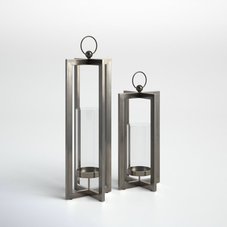 Brushed Nickel Metal Tabletop Hurricane Candle Holder Set