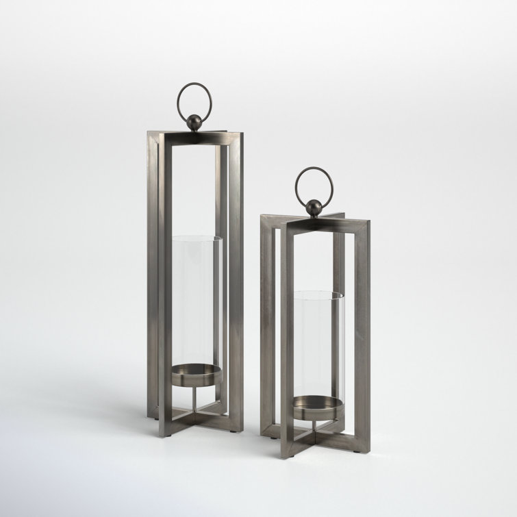 Brushed Nickel Metal Tabletop Hurricane Candle Holder Set