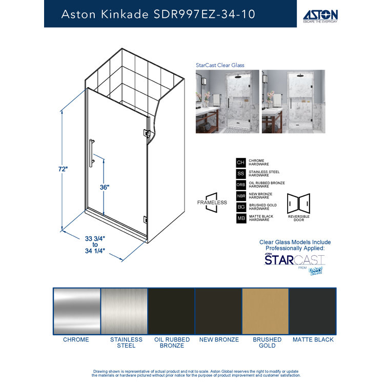Kinkade 34" x 72" Oil Rubbed Bronze Frameless Tempered Glass Shower Door