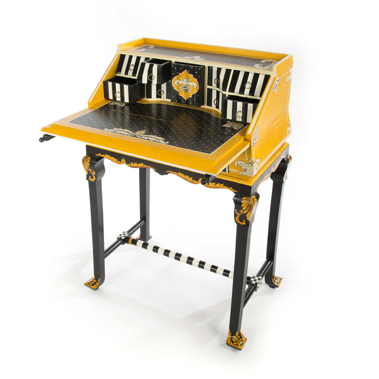 Handpainted Black Worker Bee 28" Writing Desk with Brass Accents