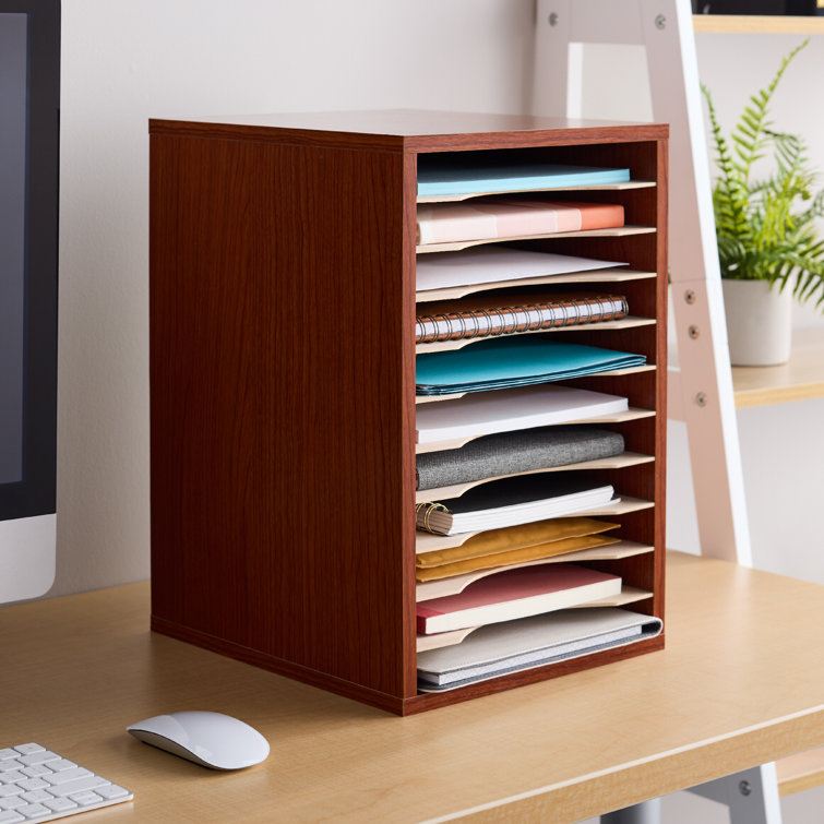 Cherry Wood 11-Compartment Desktop Organizer with Adjustable Shelves