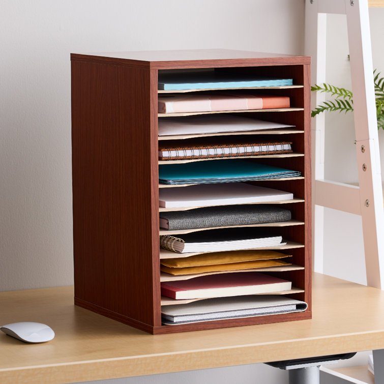 Cherry Wood 11-Compartment Desktop Organizer with Adjustable Shelves