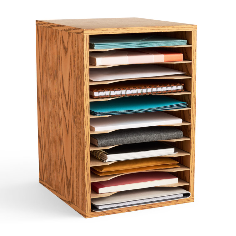 Oak Vertical Desktop Organizer with 11 Compartments