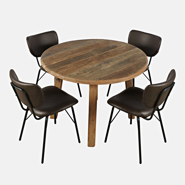 Reclaimed Wood Round Dining Set with Dark Brown Upholstered Chairs