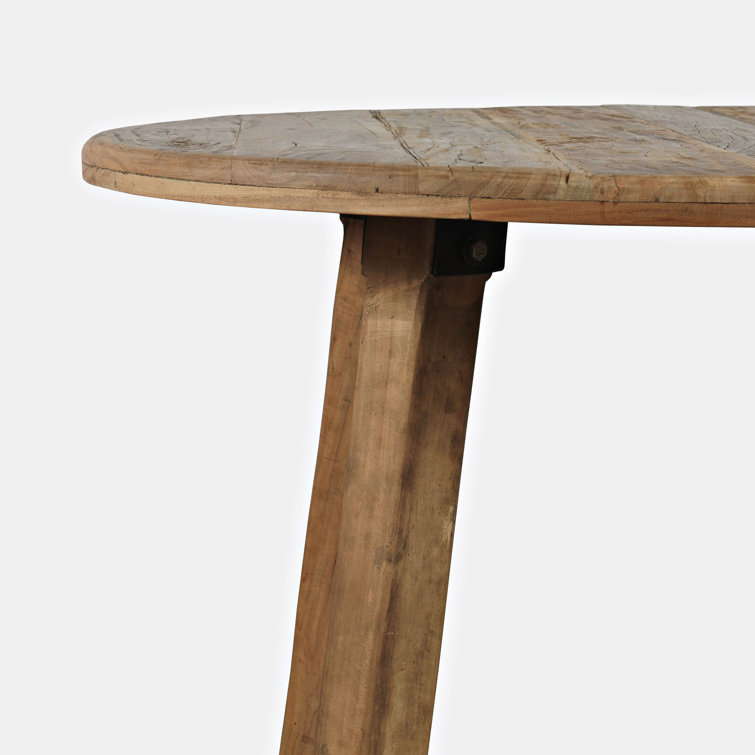 Rustic Reclaimed Wood Round Dining Set with Blue Upholstered Chairs