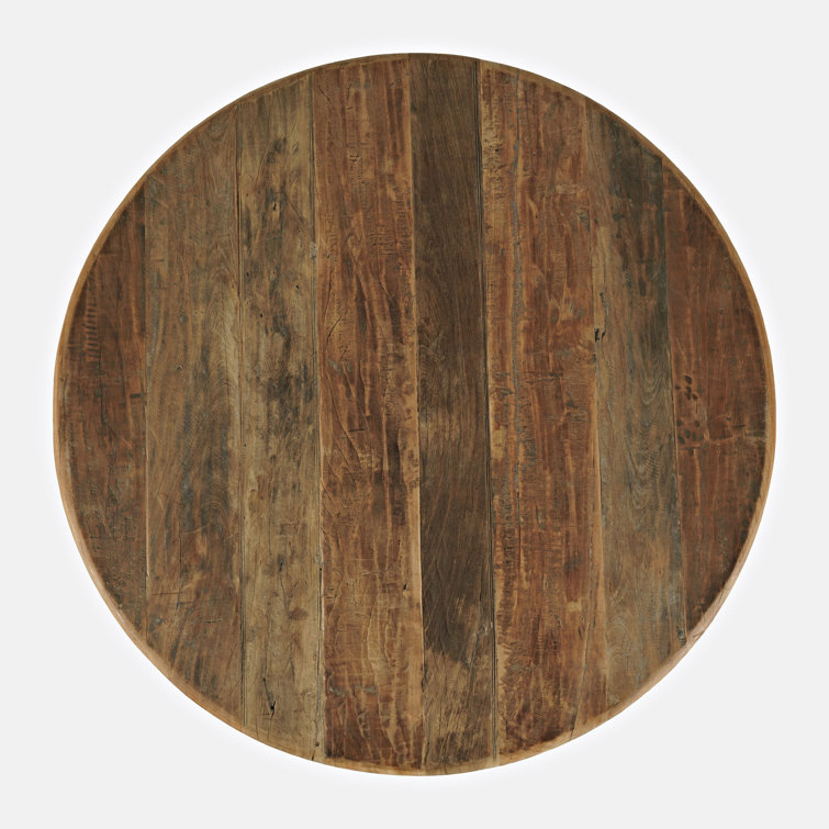 Reclaimed Wood Round Dining Set with Dark Brown Upholstered Chairs