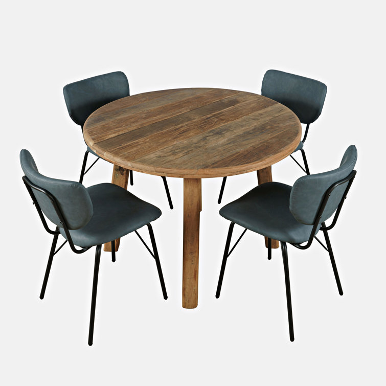 Rustic Reclaimed Wood Round Dining Set with Blue Upholstered Chairs