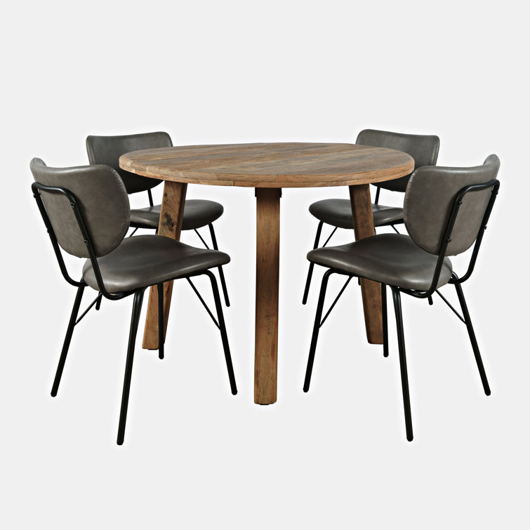 Rustic Reclaimed Wood Round Dining Set with Gray Upholstered Chairs