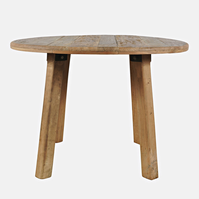 Rustic Reclaimed Wood Round Dining Set with Blue Upholstered Chairs