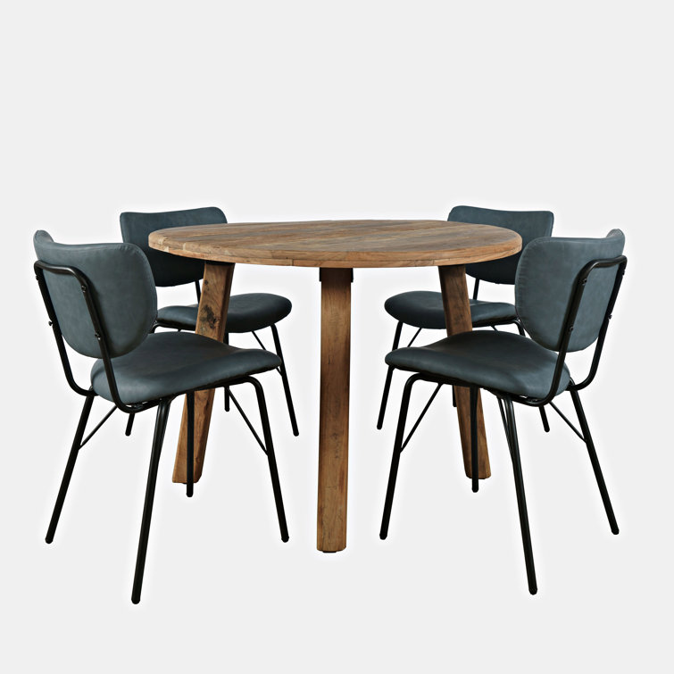Rustic Reclaimed Wood Round Dining Set with Blue Upholstered Chairs