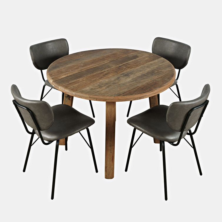 Rustic Reclaimed Wood Round Dining Set with Gray Upholstered Chairs