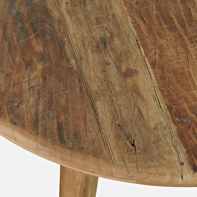 Rustic Reclaimed Wood Round Dining Set with Blue Upholstered Chairs