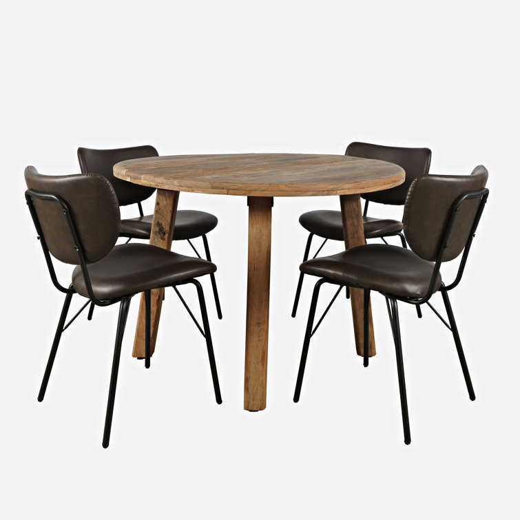 Reclaimed Wood Round Dining Set with Dark Brown Upholstered Chairs