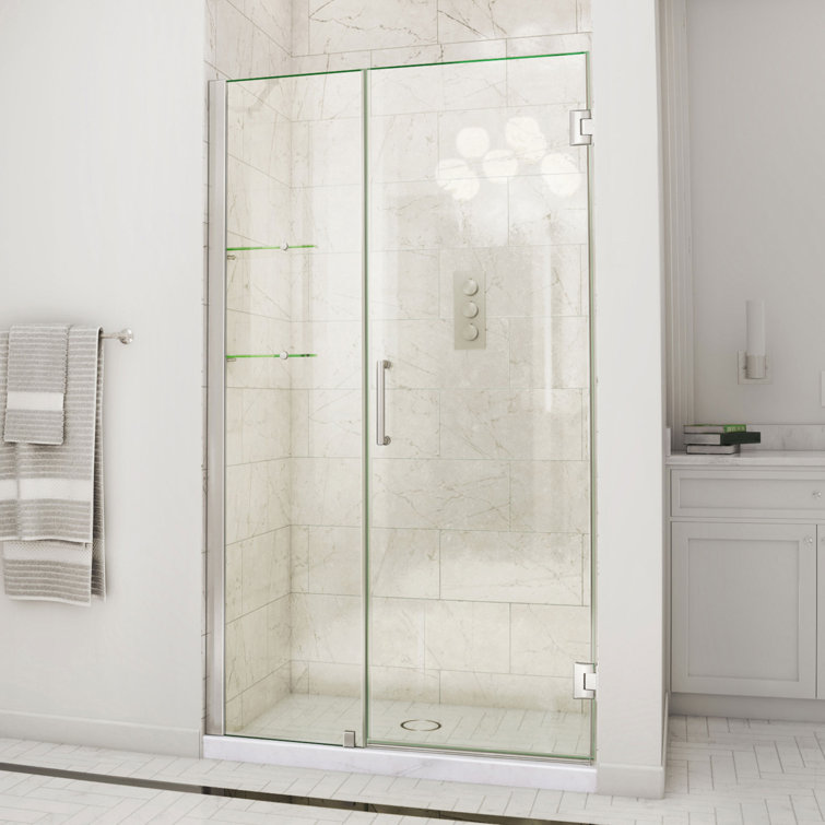 Unidoor 49" Black Frameless Hinged Shower Door with Clear Glass