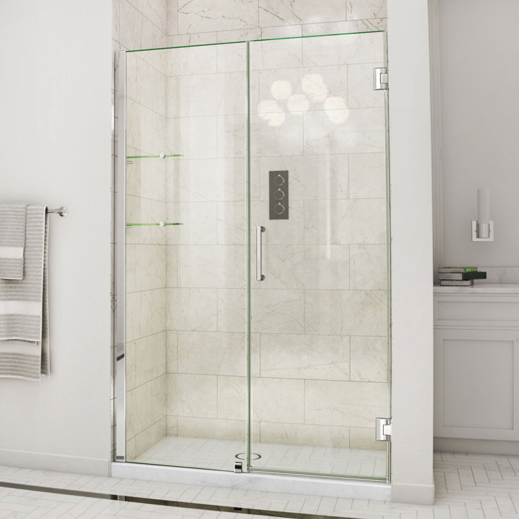 Unidoor Frameless Hinged Clear Glass Shower Door with Black Hardware