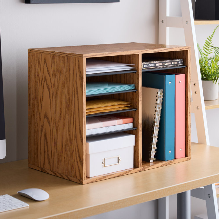 Medium Oak Adjustable Wood Literature Organizer with 12 Compartments