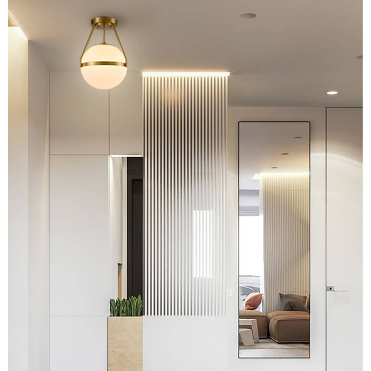Brass and White Glass Globe Semi Flush Mount Light