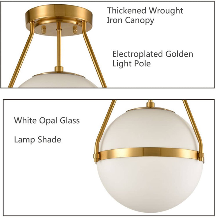 Brass and White Glass Globe Semi Flush Mount Light
