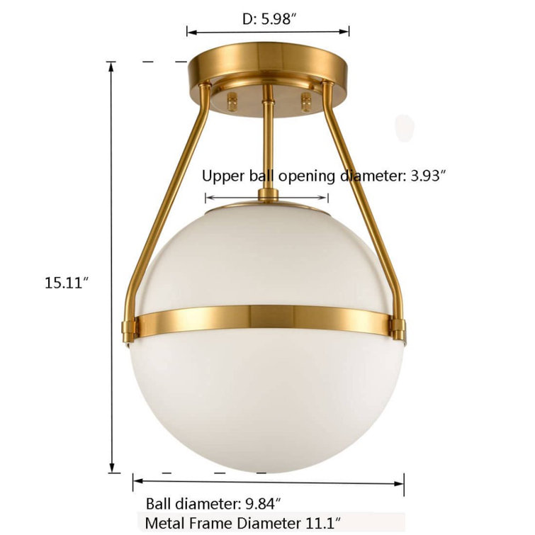 Brass and White Glass Globe Semi Flush Mount Light