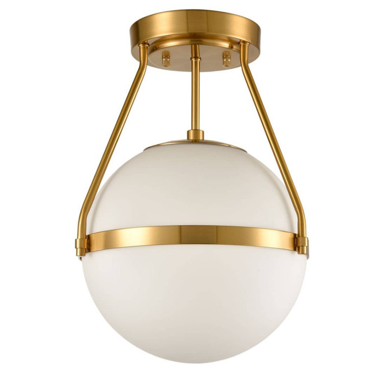 Brass and White Glass Globe Semi Flush Mount Light