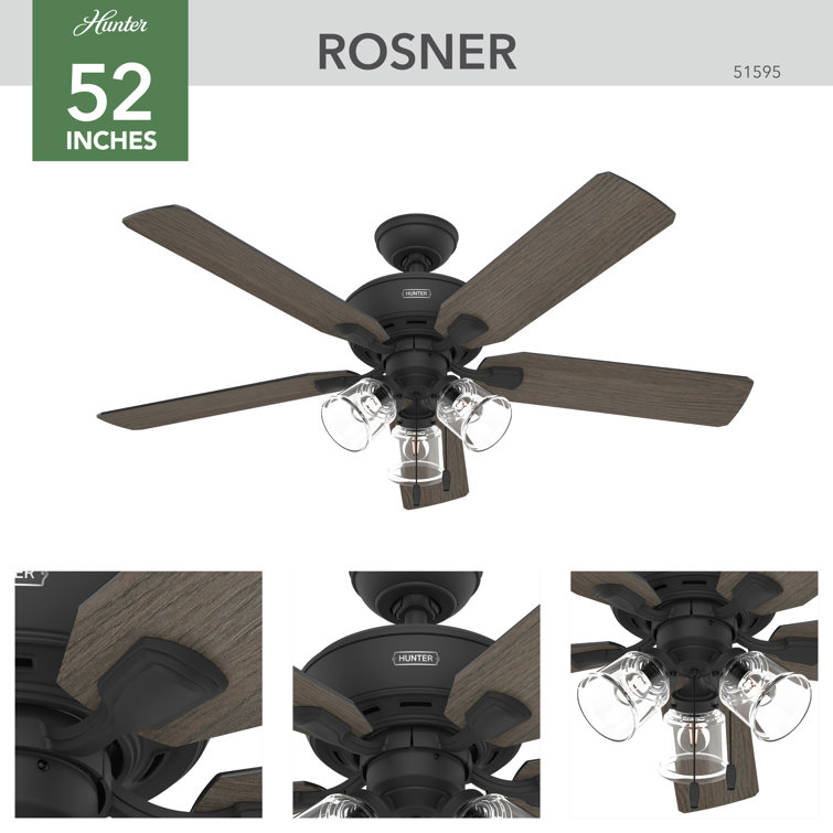 52" Matte Black 5-Blade Ceiling Fan with LED Lights