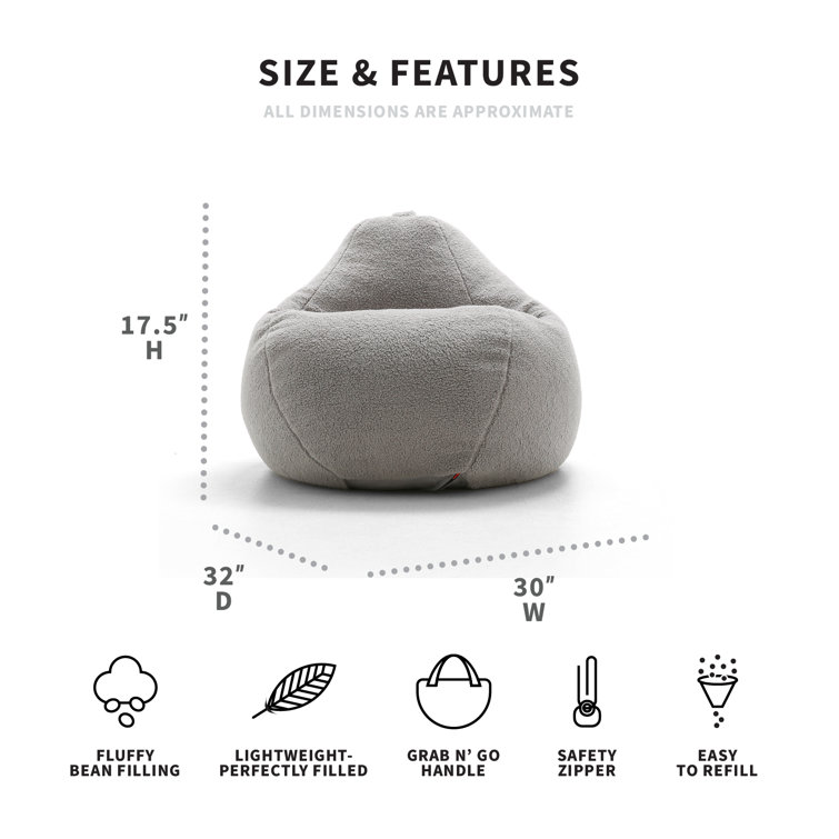 Gray Shag Teardrop Bean Bag Chair with Removable Cover