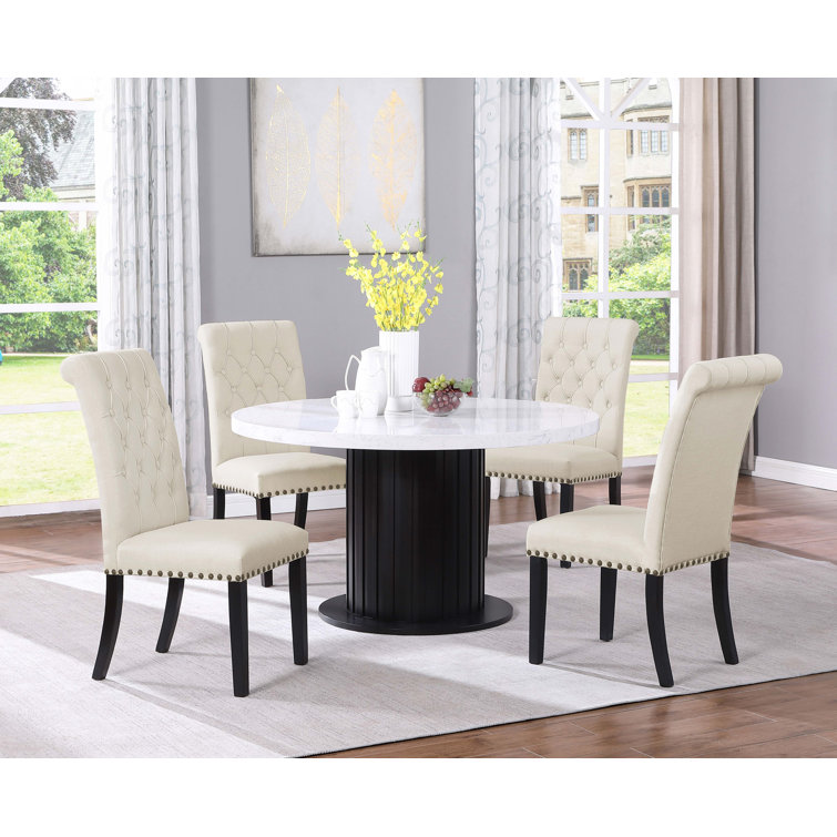 Round Black and White Marble Top Dining Table with Wood Base