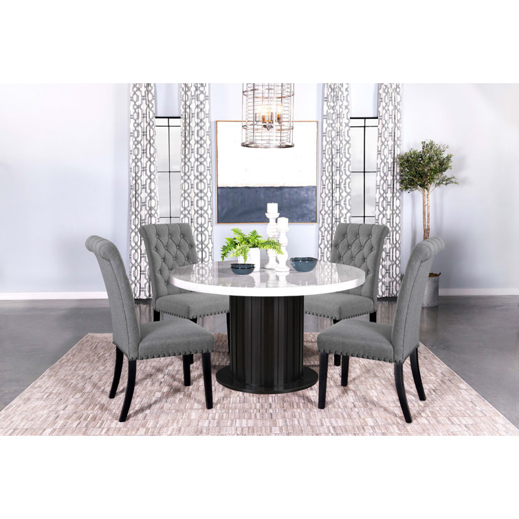 Round Black and White Marble Top Dining Table with Wood Base