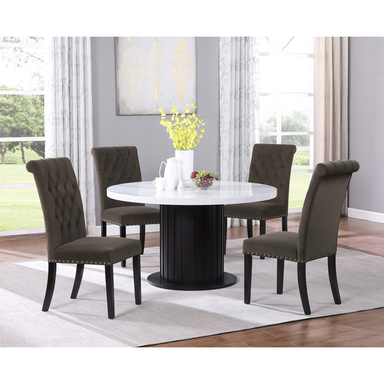 Round Black and White Marble Top Dining Table with Wood Base