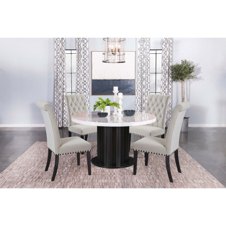 Round Black and White Marble Top Dining Table with Wood Base